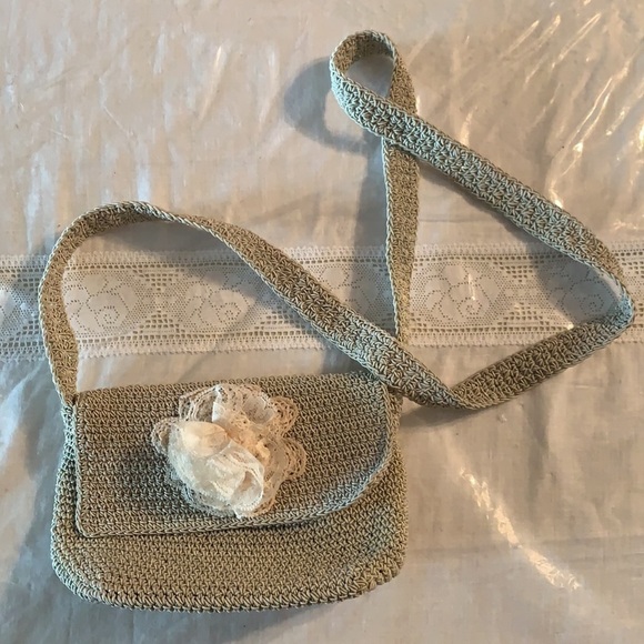 Y2K Knit Woven Taupe Rose lace cross body bag Neutral - Picture 9 of 9